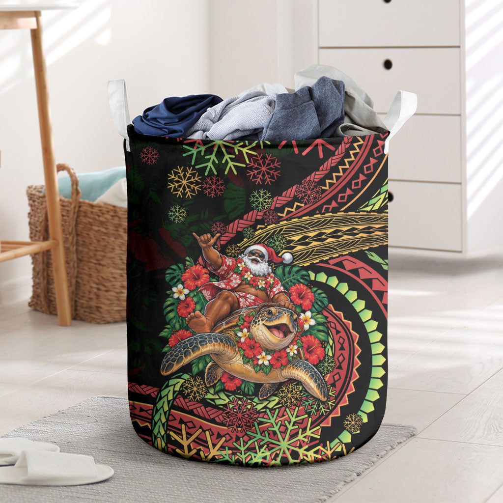 Hawaii Christmas Laundry Basket Aloha Santa Riding Honu DT05 Black - Polynesian Pride