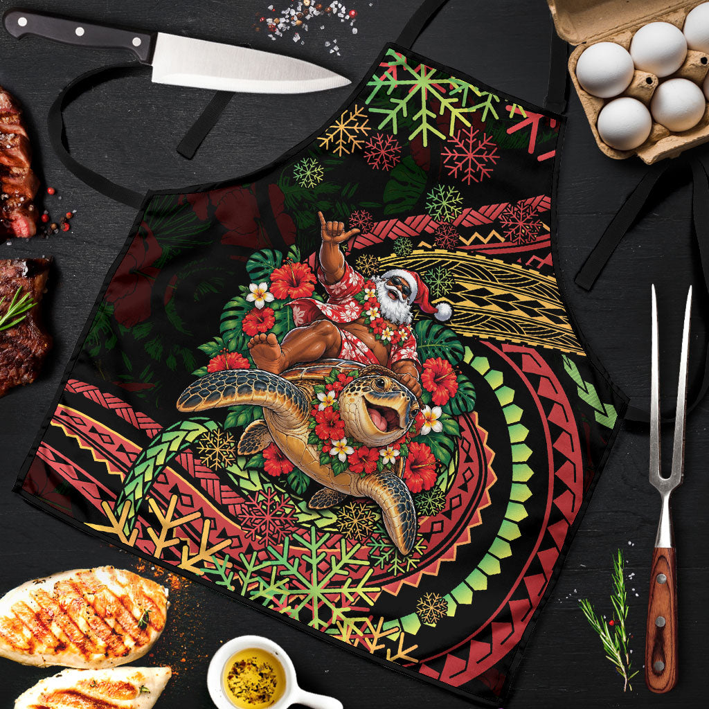 Hawaii Christmas Apron Aloha Santa Riding Honu DT05 Black - Polynesian Pride