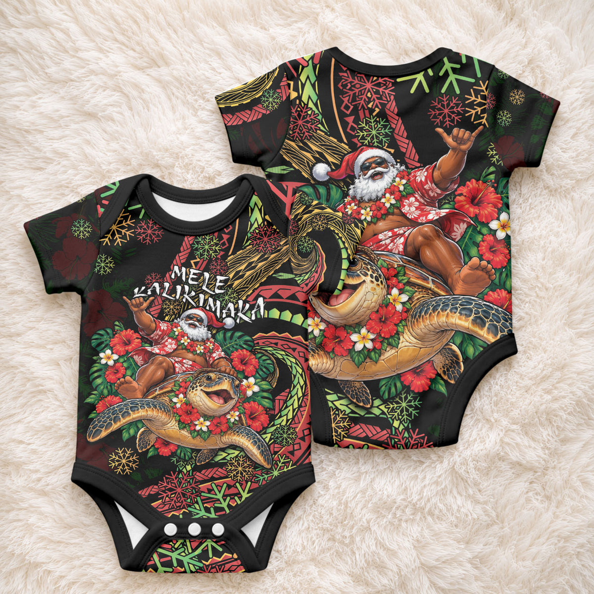 Hawaii Christmas Baby Onesie Aloha Santa Riding Honu DT05 - Polynesian Pride