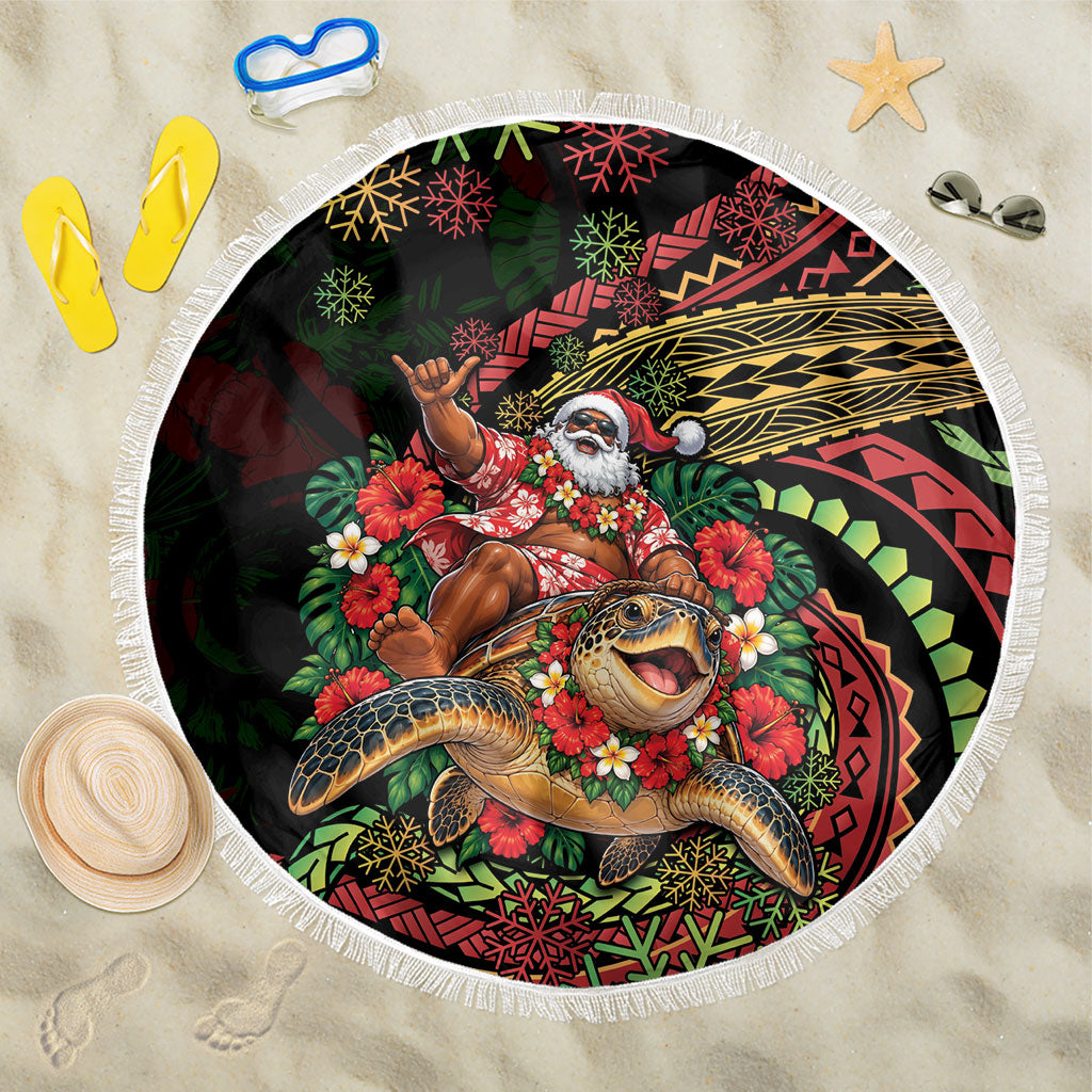 Hawaii Christmas Beach Blanket Aloha Santa Riding Honu DT05 One Size 150cm Black - Polynesian Pride