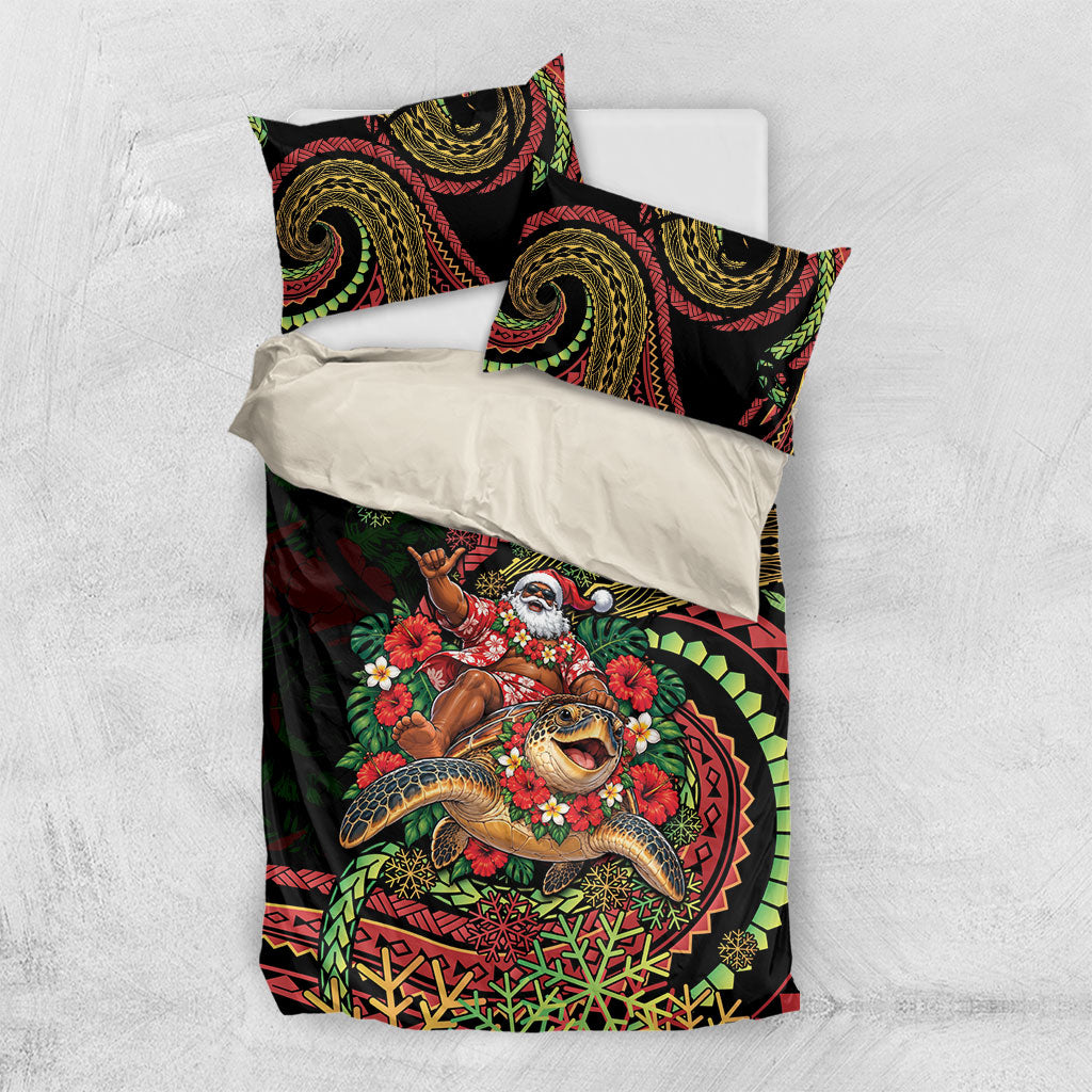 Hawaii Christmas Bedding Set Aloha Santa Riding Honu DT05 US Twin 172cm x 218cm Black - Polynesian Pride