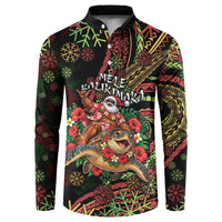 Hawaii Christmas Button Sweatshirt Aloha Santa Riding Honu DT05 Black - Polynesian Pride