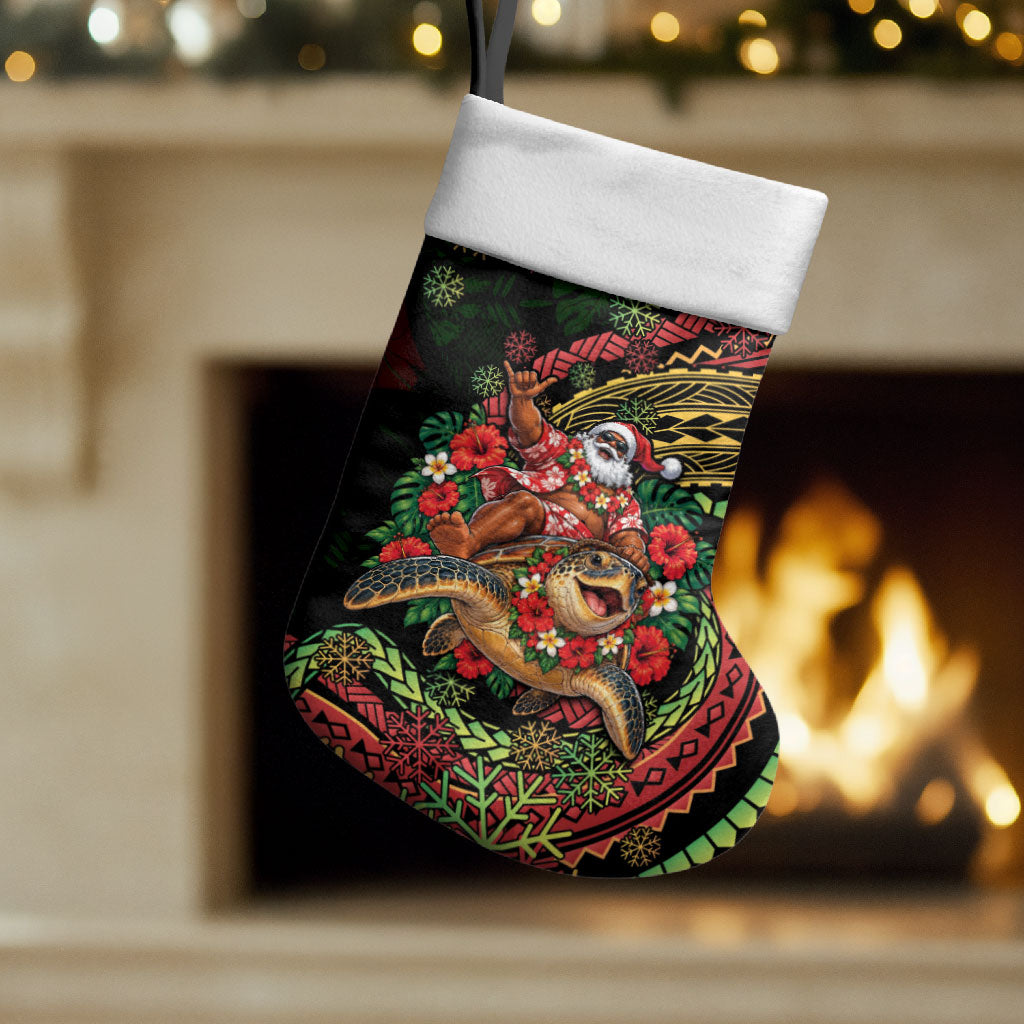 Hawaii Christmas Stocking Aloha Santa Riding Honu DT05 Set of 2 Black - Polynesian Pride