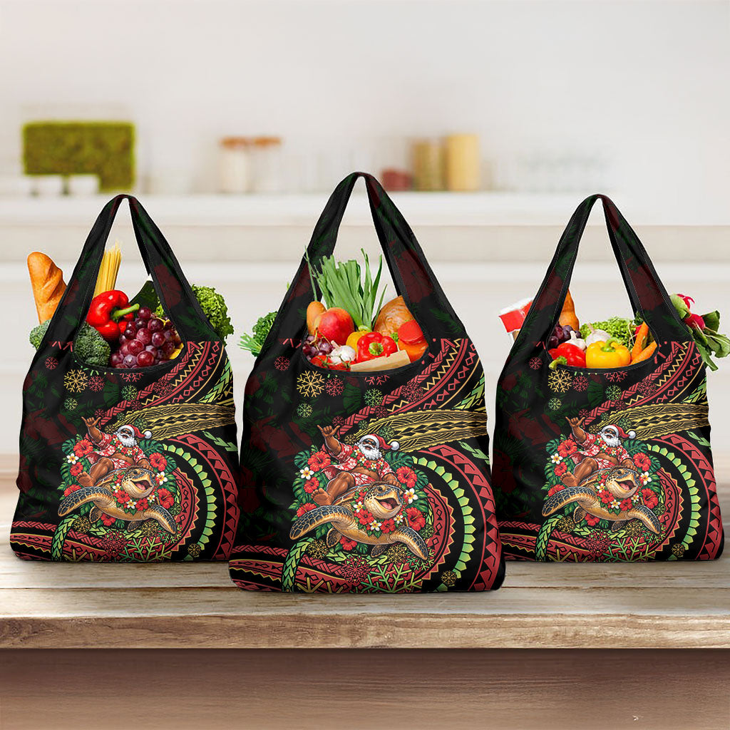 Hawaii Christmas Grocery Bag Aloha Santa Riding Honu DT05 3-pack One Size Black - Polynesian Pride