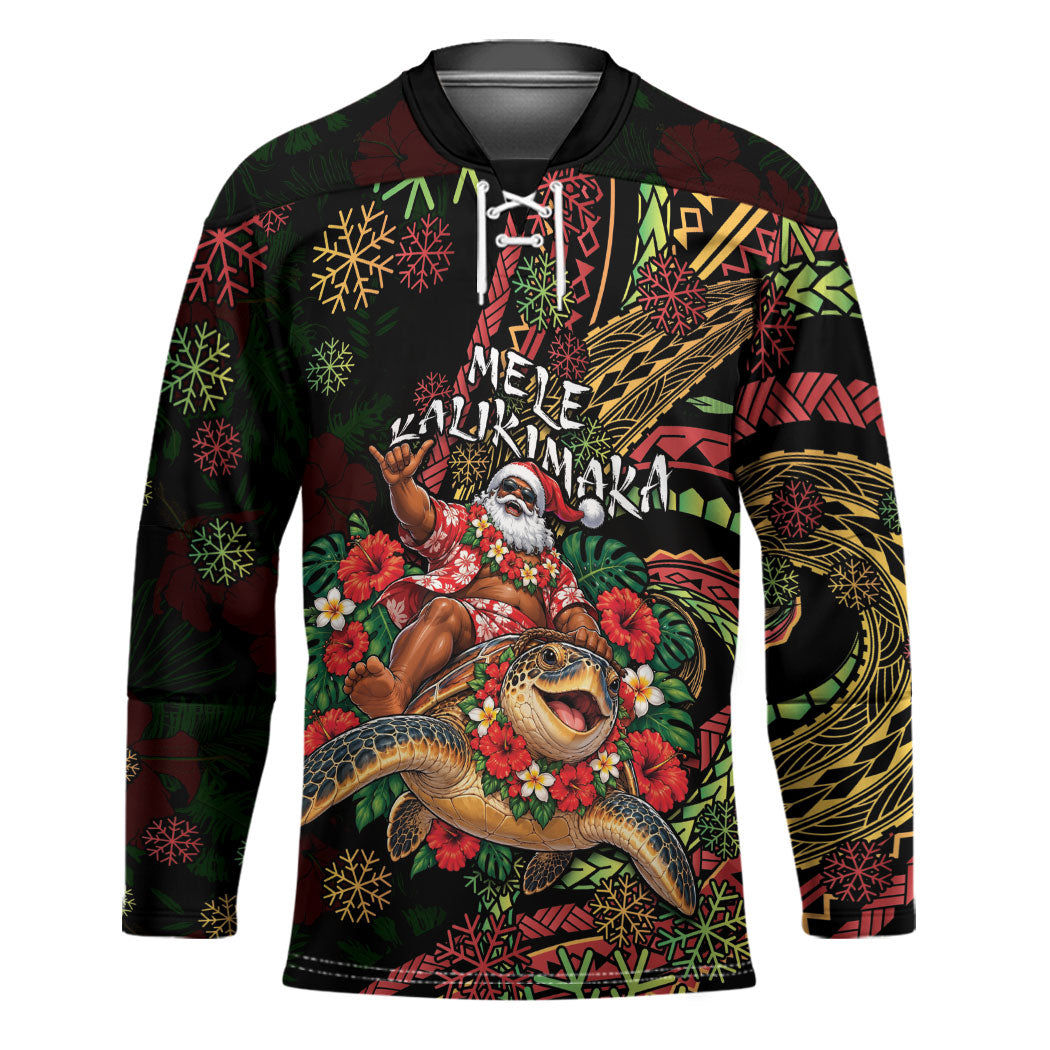 Hawaii Christmas Hockey Jersey Aloha Santa Riding Honu DT05 Unisex Black - Polynesian Pride