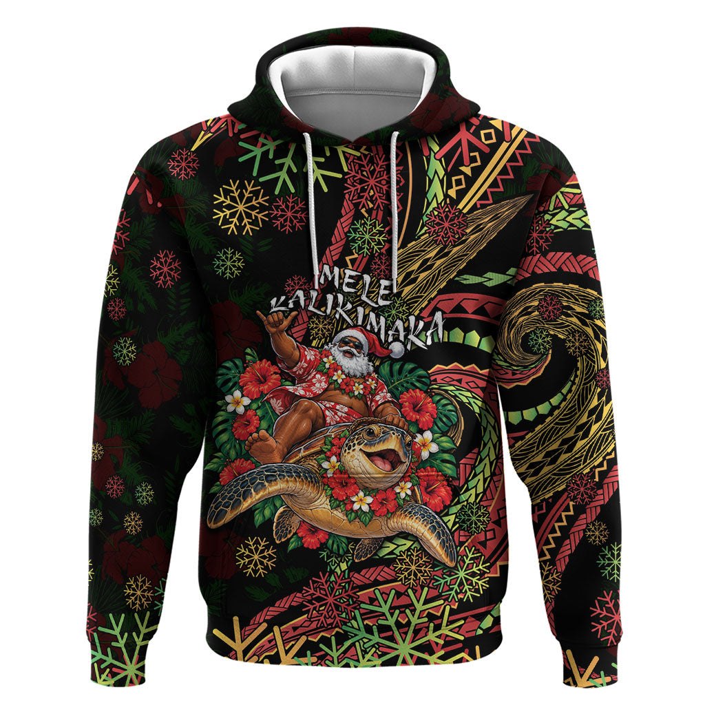 Hawaii Christmas Hoodie Aloha Santa Riding Honu DT05 Pullover Hoodie Black - Polynesian Pride