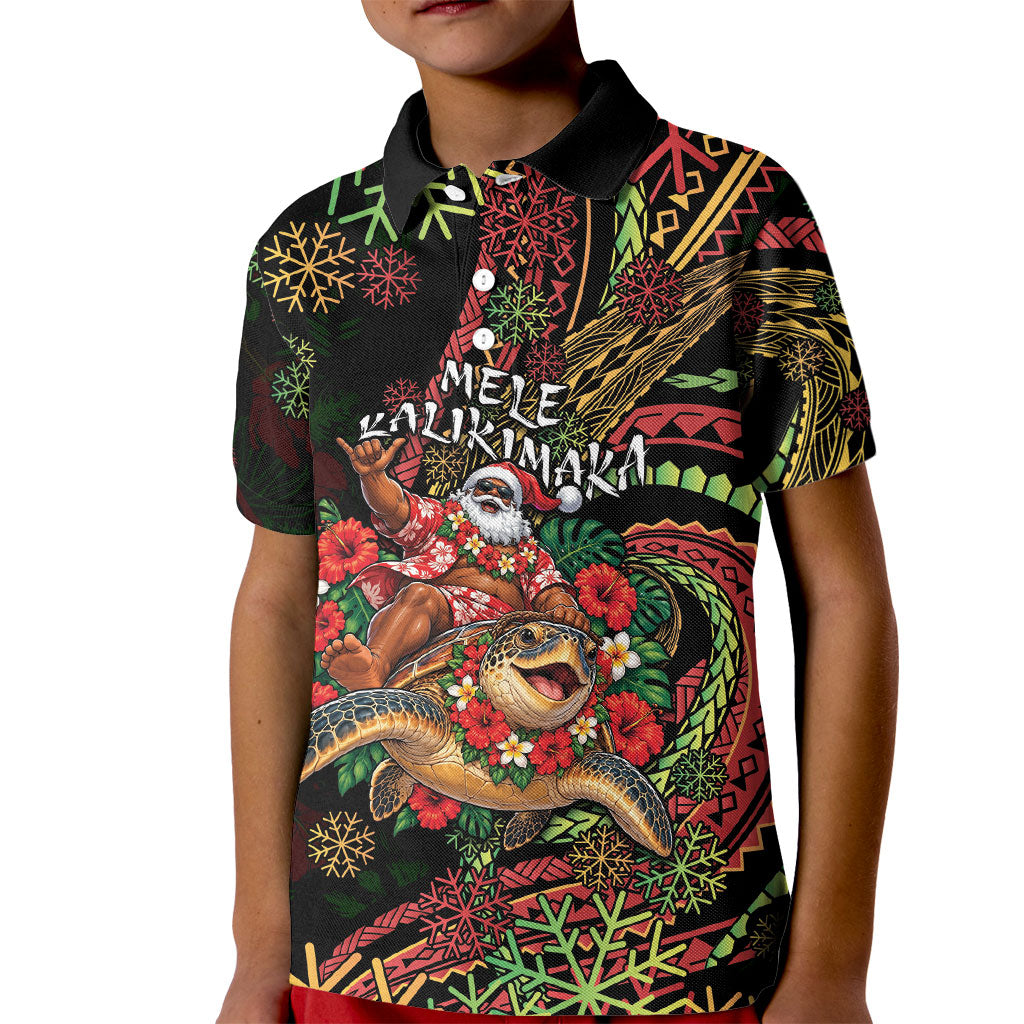 Hawaii Christmas Kid Polo Shirt Aloha Santa Riding Honu