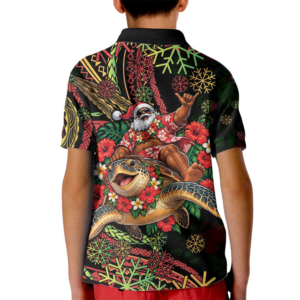 Hawaii Christmas Kid Polo Shirt Aloha Santa Riding Honu