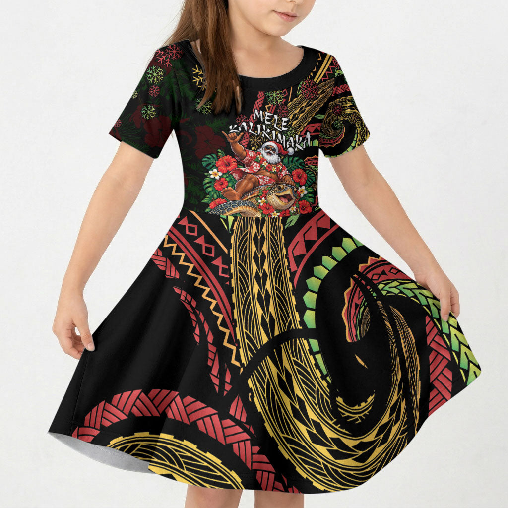 Hawaii Christmas Kid Short Sleeve Dress Aloha Santa Riding Honu DT05 KID Black - Polynesian Pride