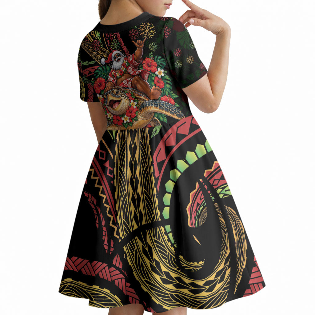 Hawaii Christmas Kid Short Sleeve Dress Aloha Santa Riding Honu DT05 - Polynesian Pride