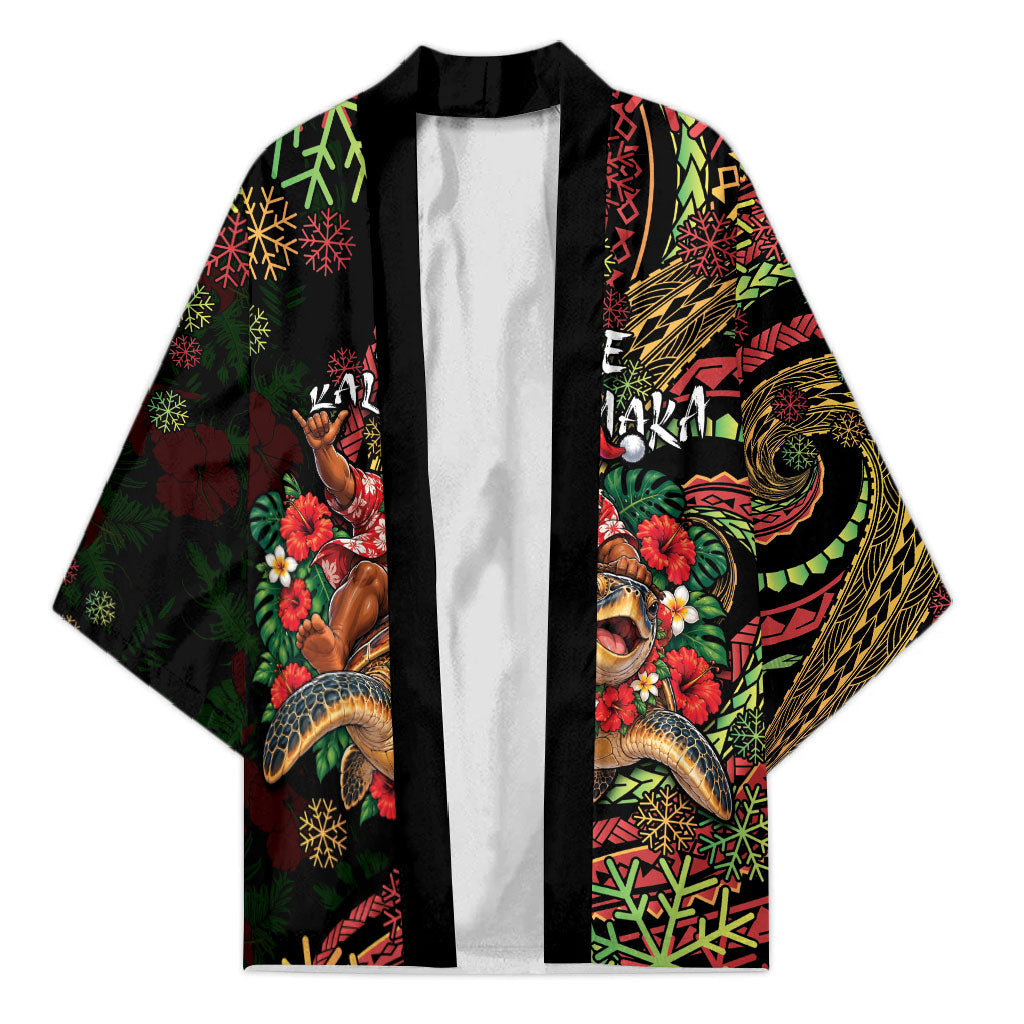 Hawaii Christmas Kimono Aloha Santa Riding Honu DT05 Unisex Black - Polynesian Pride