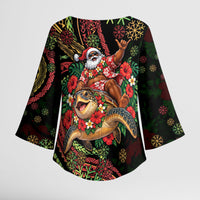 Hawaii Christmas Kimono Sleeve Blouse Aloha Santa Riding Honu DT05 - Polynesian Pride