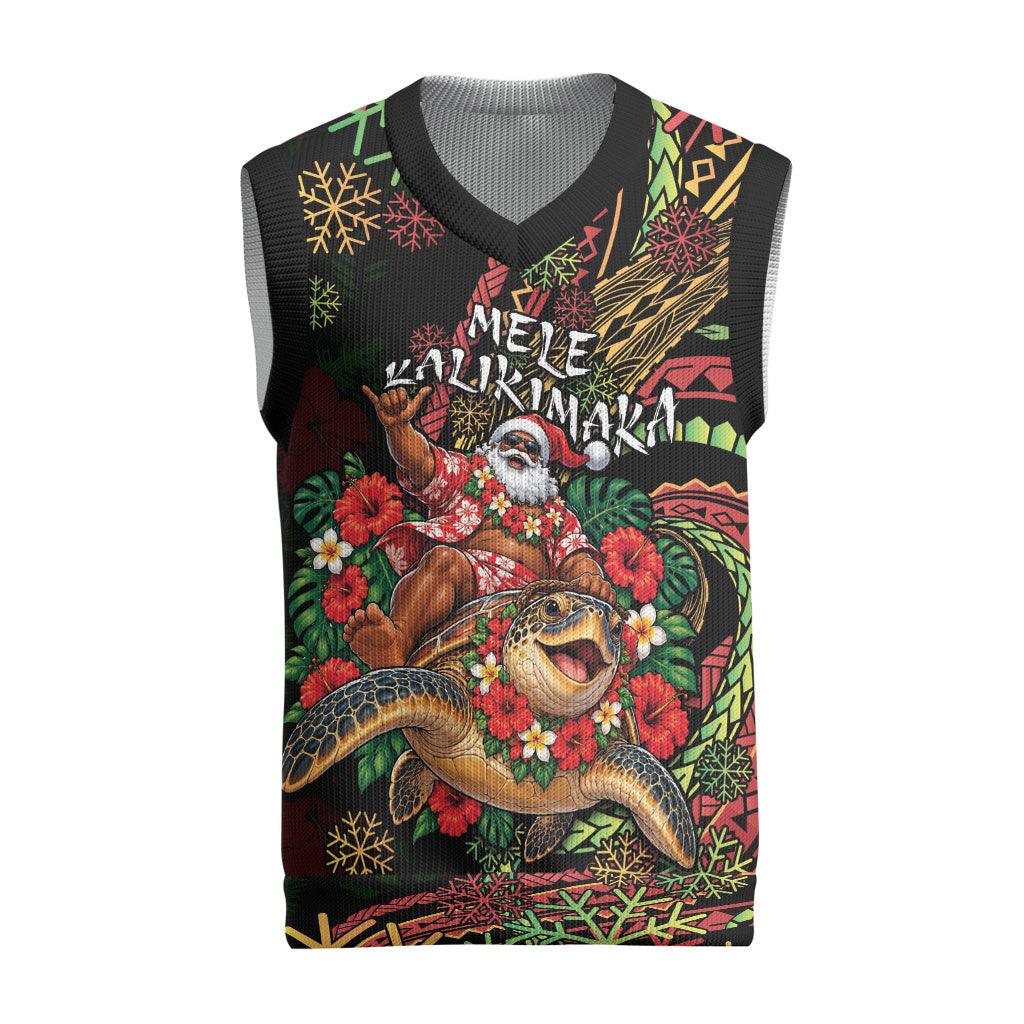 Hawaii Christmas Knitted V-Neck Vest Aloha Santa Riding Honu DT05 Black - Polynesian Pride