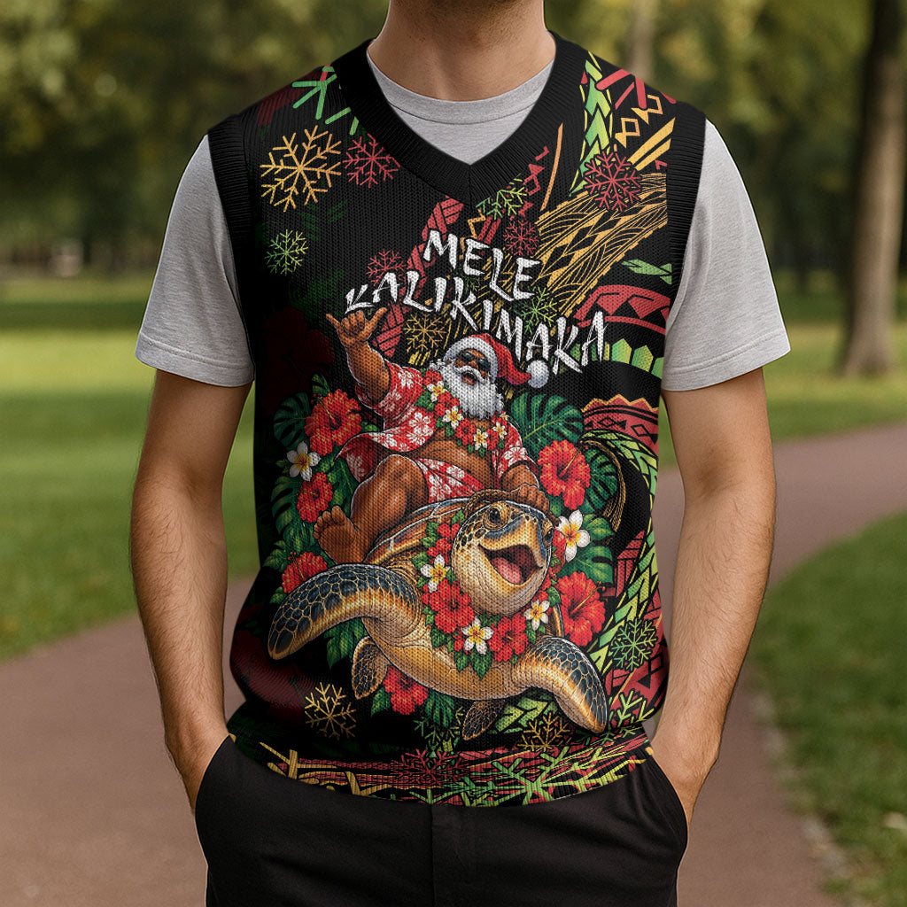 Hawaii Christmas Knitted V-Neck Vest Aloha Santa Riding Honu DT05 - Polynesian Pride
