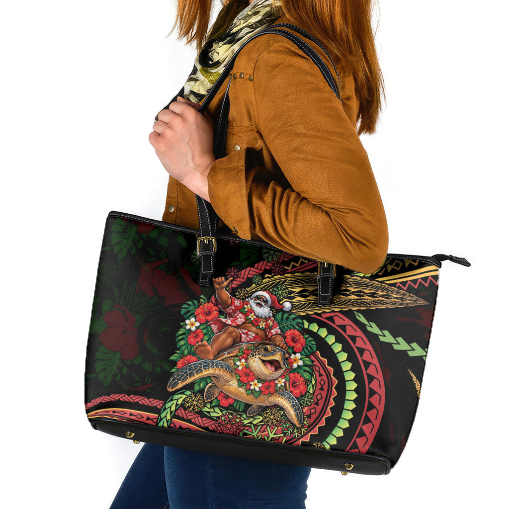 Hawaii Christmas Leather Tote Bag Aloha Santa Riding Honu DT05 Black - Polynesian Pride
