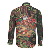 Hawaii Christmas Long Sleeve Button Shirt Aloha Santa Riding Honu