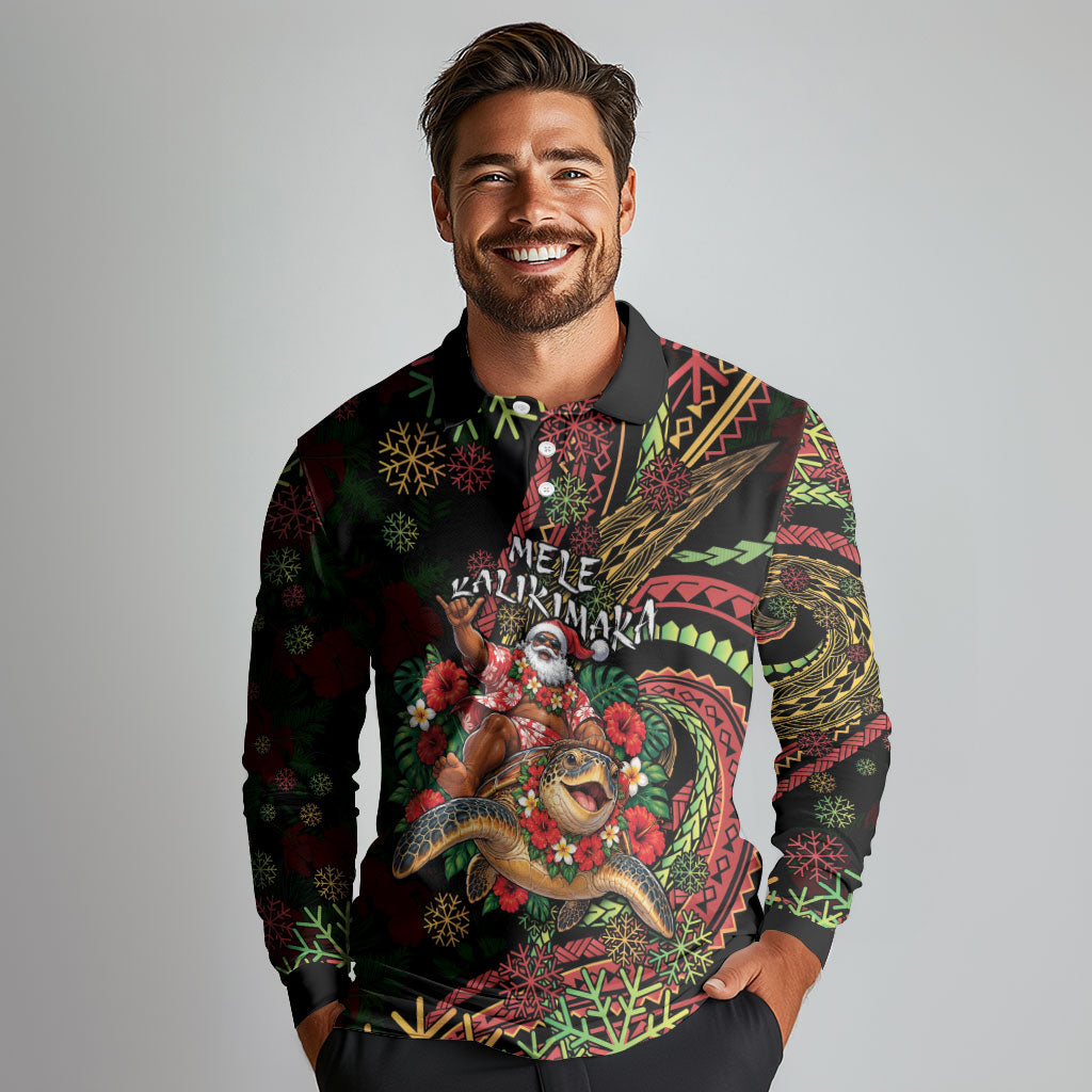Hawaii Christmas Long Sleeve Polo Shirt Aloha Santa Riding Honu DT05 - Polynesian Pride