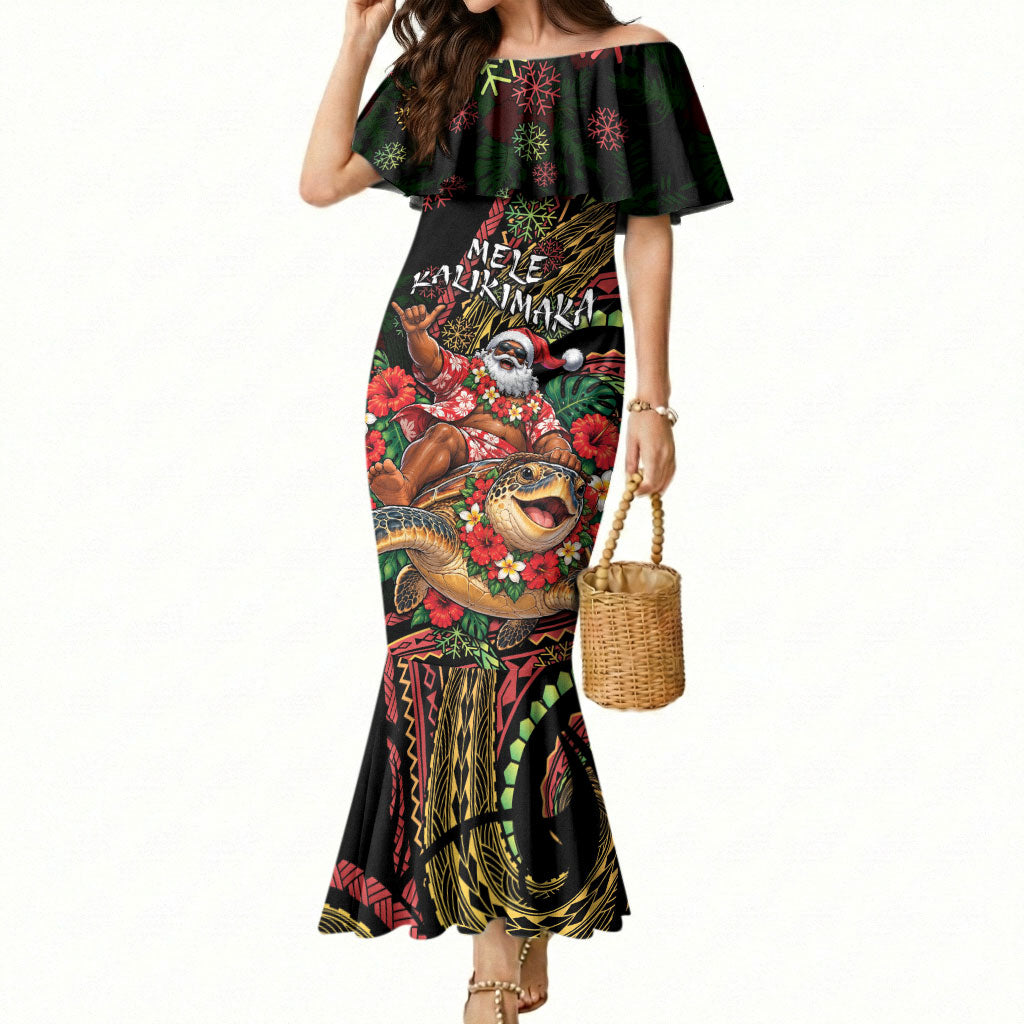 Hawaii Christmas Mermaid Dress Aloha Santa Riding Honu