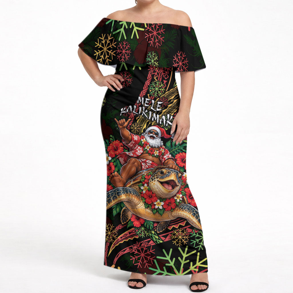 Hawaii Christmas Off Shoulder Maxi Dress Aloha Santa Riding Honu