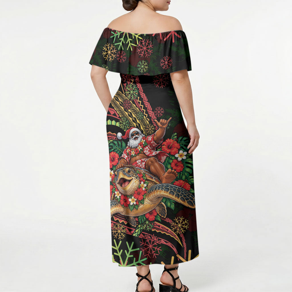 Hawaii Christmas Off Shoulder Maxi Dress Aloha Santa Riding Honu