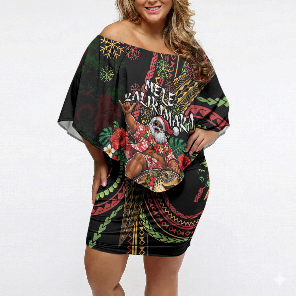 Hawaii Christmas Off Shoulder Short Dress Aloha Santa Riding Honu DT05 Women Black - Polynesian Pride