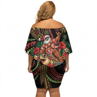 Hawaii Christmas Off Shoulder Short Dress Aloha Santa Riding Honu