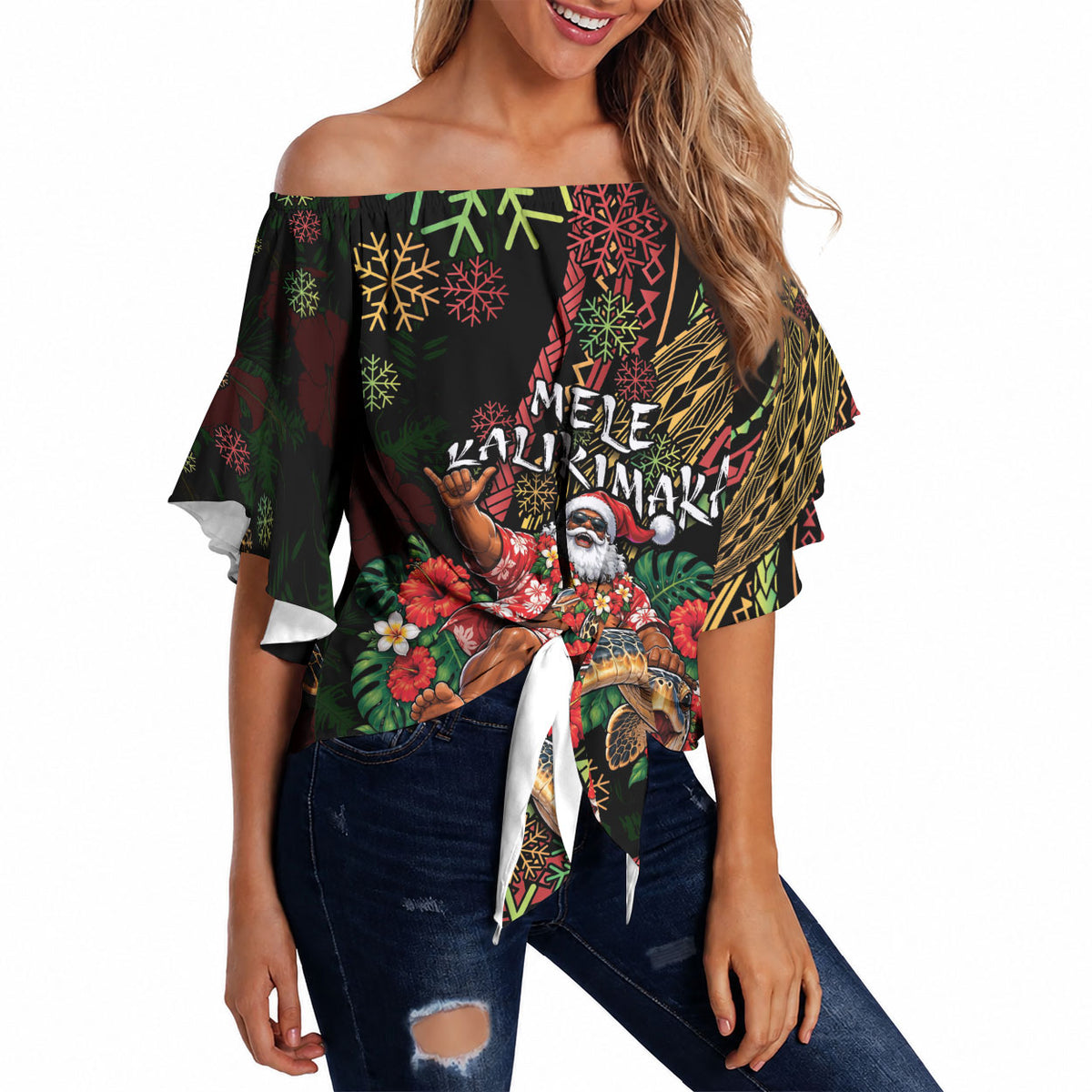 Hawaii Christmas Off Shoulder Wrap Waist Top Aloha Santa Riding Honu DT05 Black - Polynesian Pride