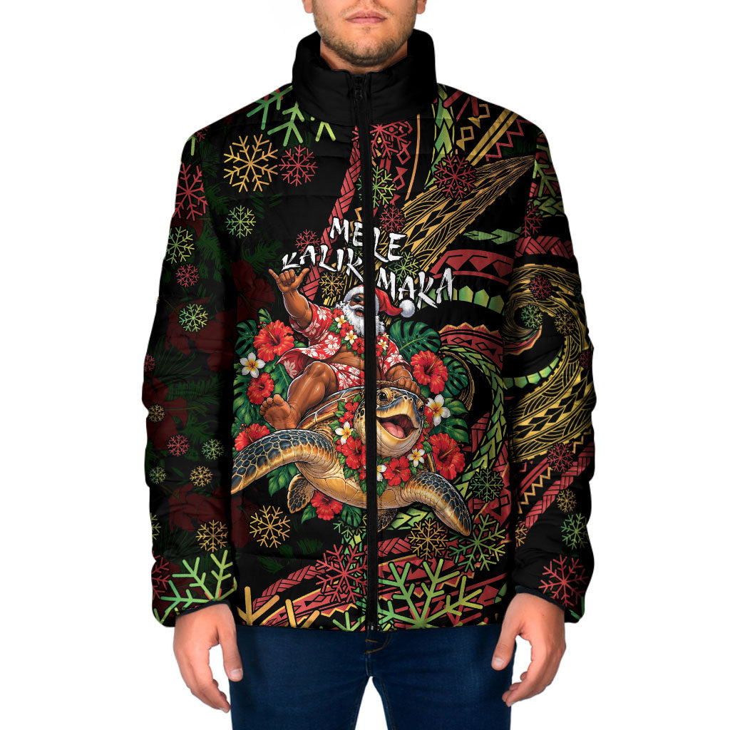 Hawaii Christmas Padded Jacket Aloha Santa Riding Honu DT05 Men Black - Polynesian Pride