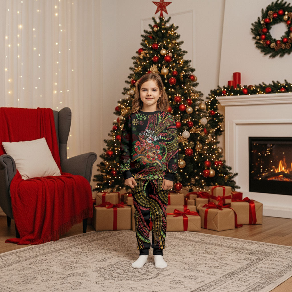 Hawaii Christmas Pajama Set Aloha Santa Riding Honu DT05 Kid Black - Polynesian Pride