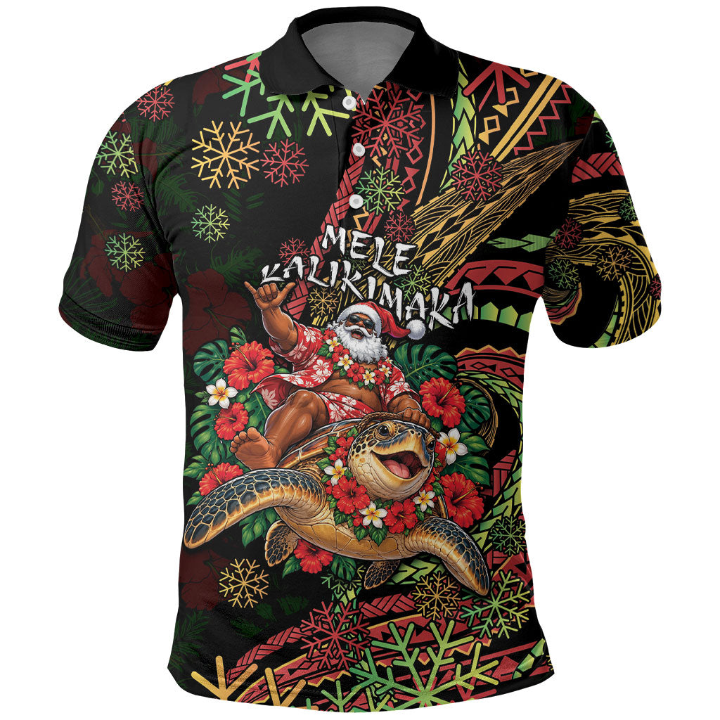 Hawaii Christmas Polo Shirt Aloha Santa Riding Honu
