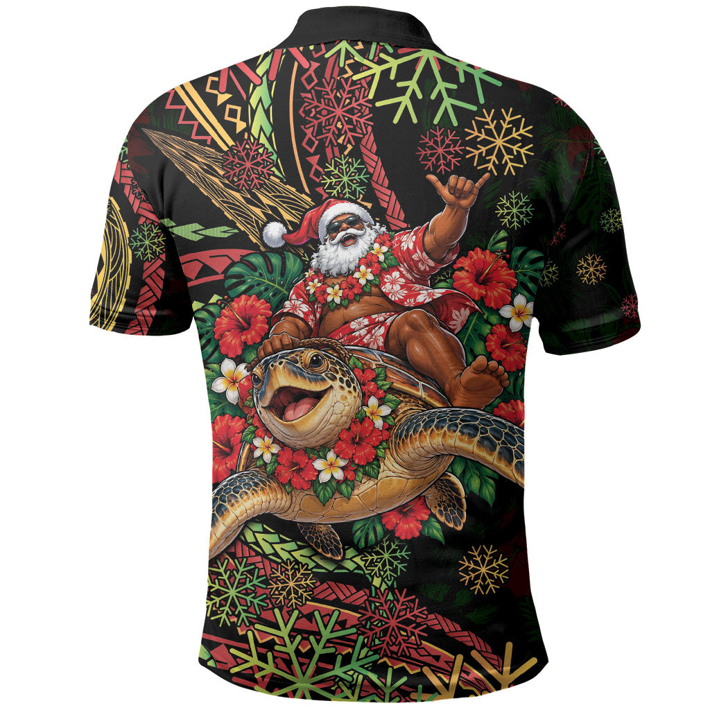 Hawaii Christmas Polo Shirt Aloha Santa Riding Honu