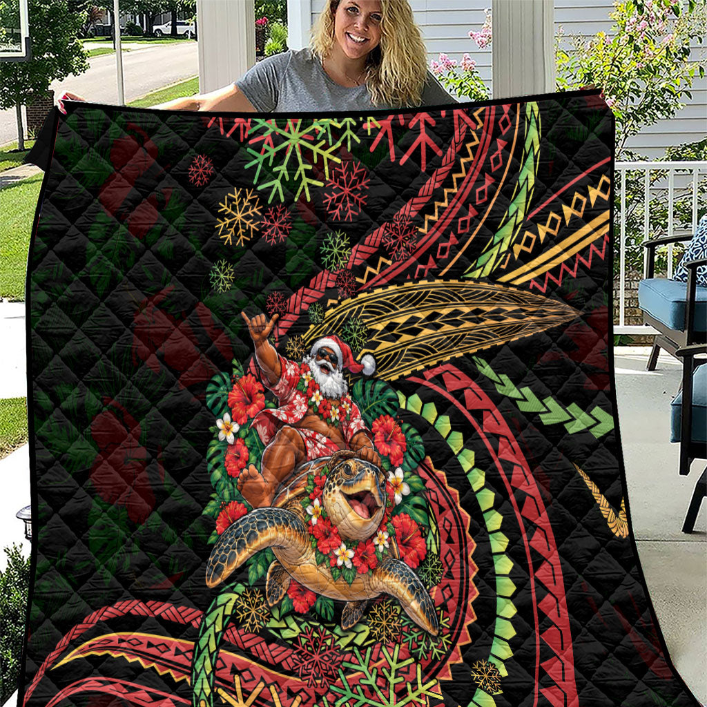 Hawaii Christmas Quilt Aloha Santa Riding Honu DT05 Black - Polynesian Pride