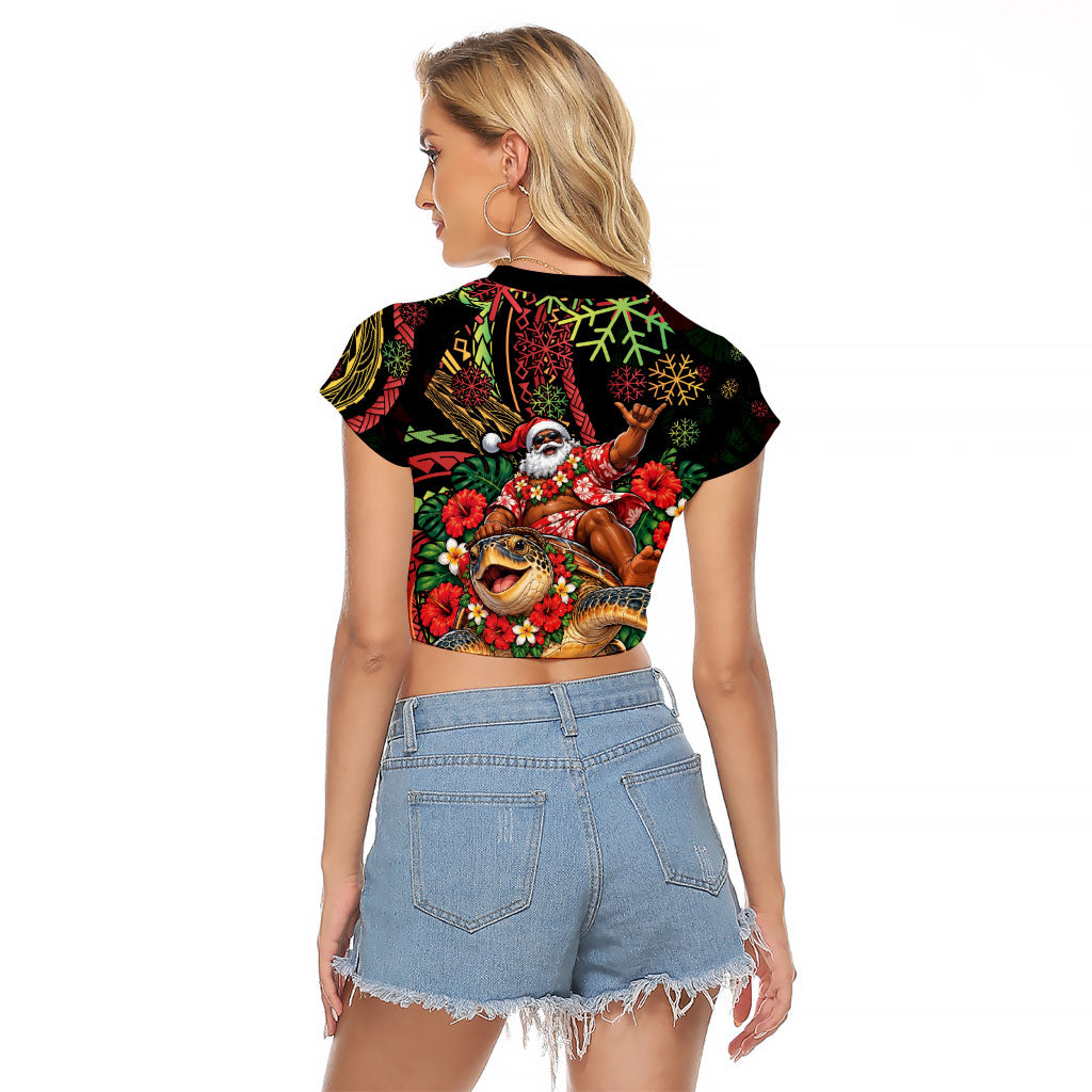 Hawaii Christmas Raglan Cropped T Shirt Aloha Santa Riding Honu