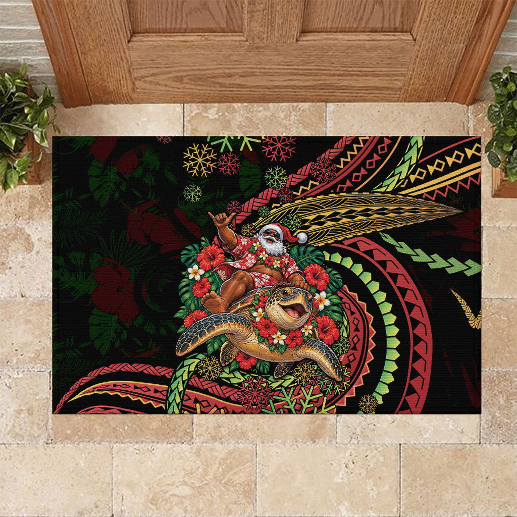 Hawaii Christmas Rubber Doormat Aloha Santa Riding Honu DT05 Black - Polynesian Pride
