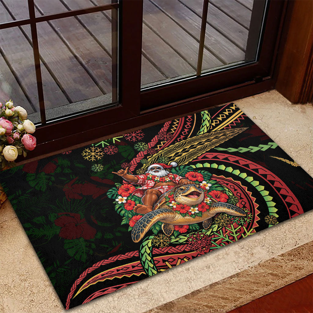 Hawaii Christmas Rubber Doormat Aloha Santa Riding Honu DT05 - Polynesian Pride
