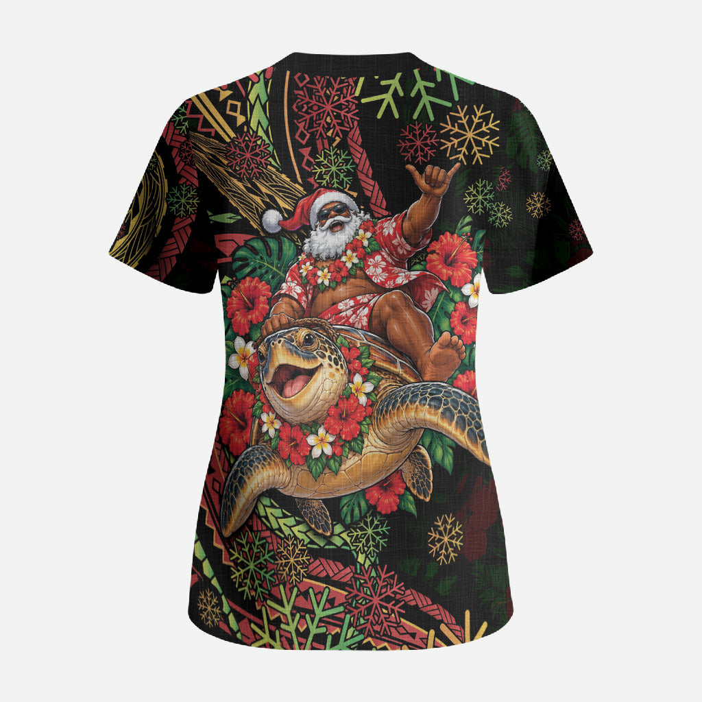Hawaii Christmas Scrub Top Aloha Santa Riding Honu DT05 - Polynesian Pride