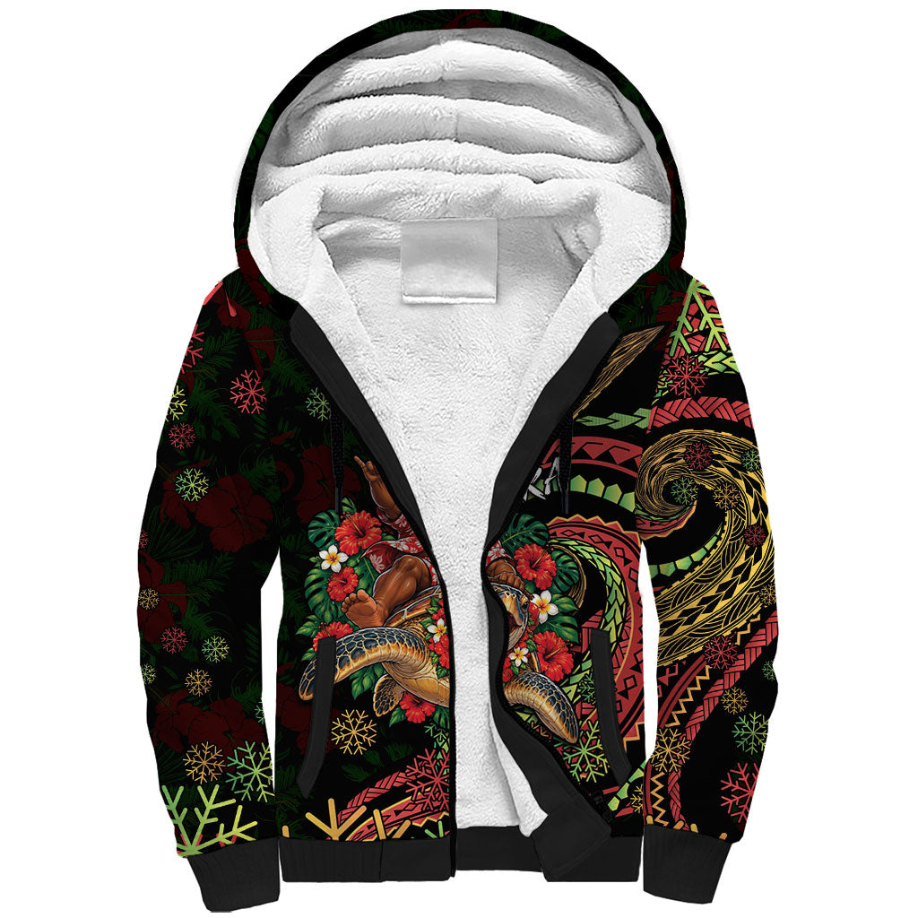 Hawaii Christmas Sherpa Hoodie Aloha Santa Riding Honu