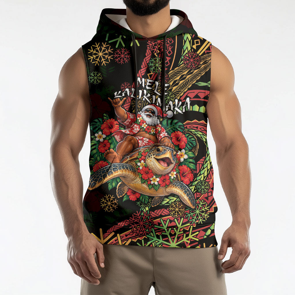 Hawaii Christmas Sleeveless Hoodie Aloha Santa Riding Honu DT05 - Polynesian Pride