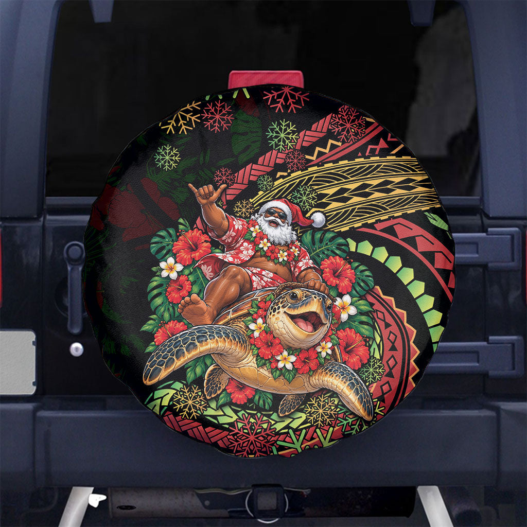 Hawaii Christmas Spare Tire Cover Aloha Santa Riding Honu DT05 No hole Black - Polynesian Pride