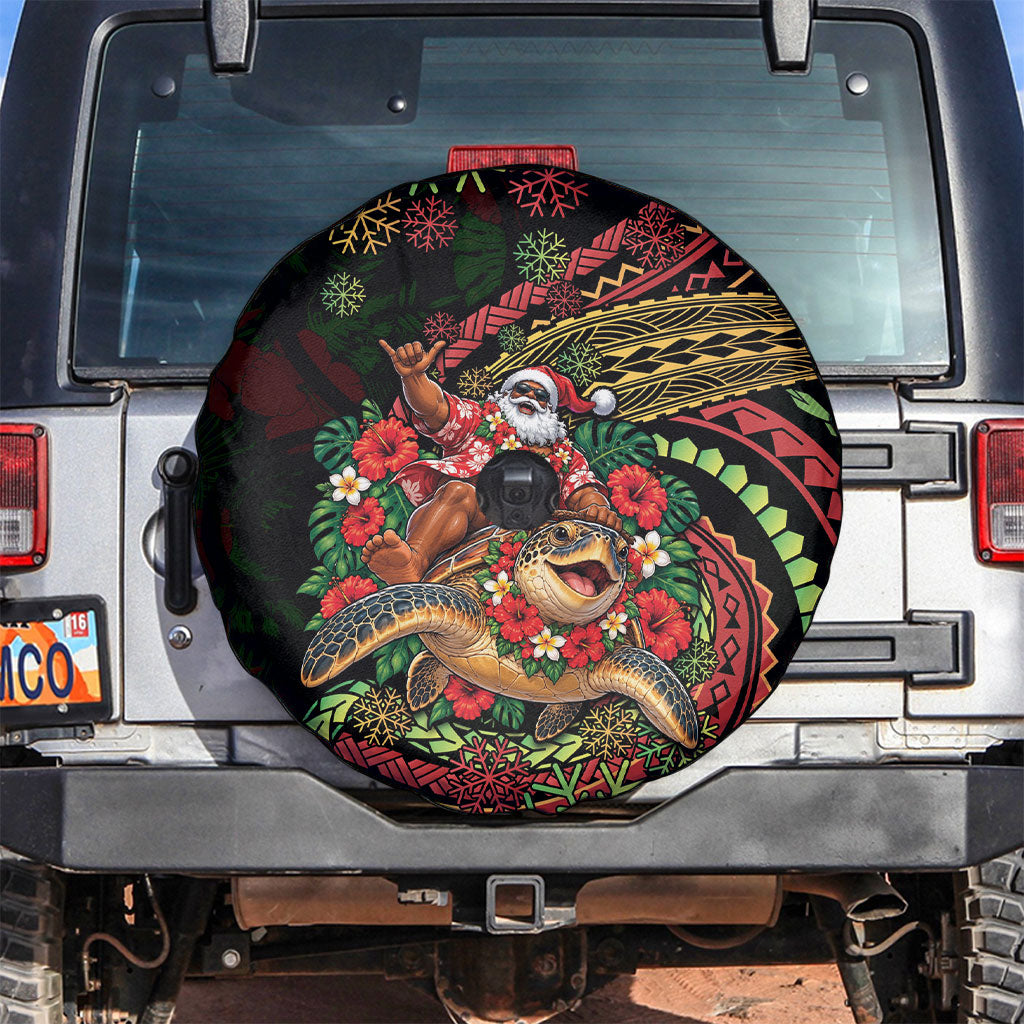 Hawaii Christmas Spare Tire Cover Aloha Santa Riding Honu DT05 Black - Polynesian Pride