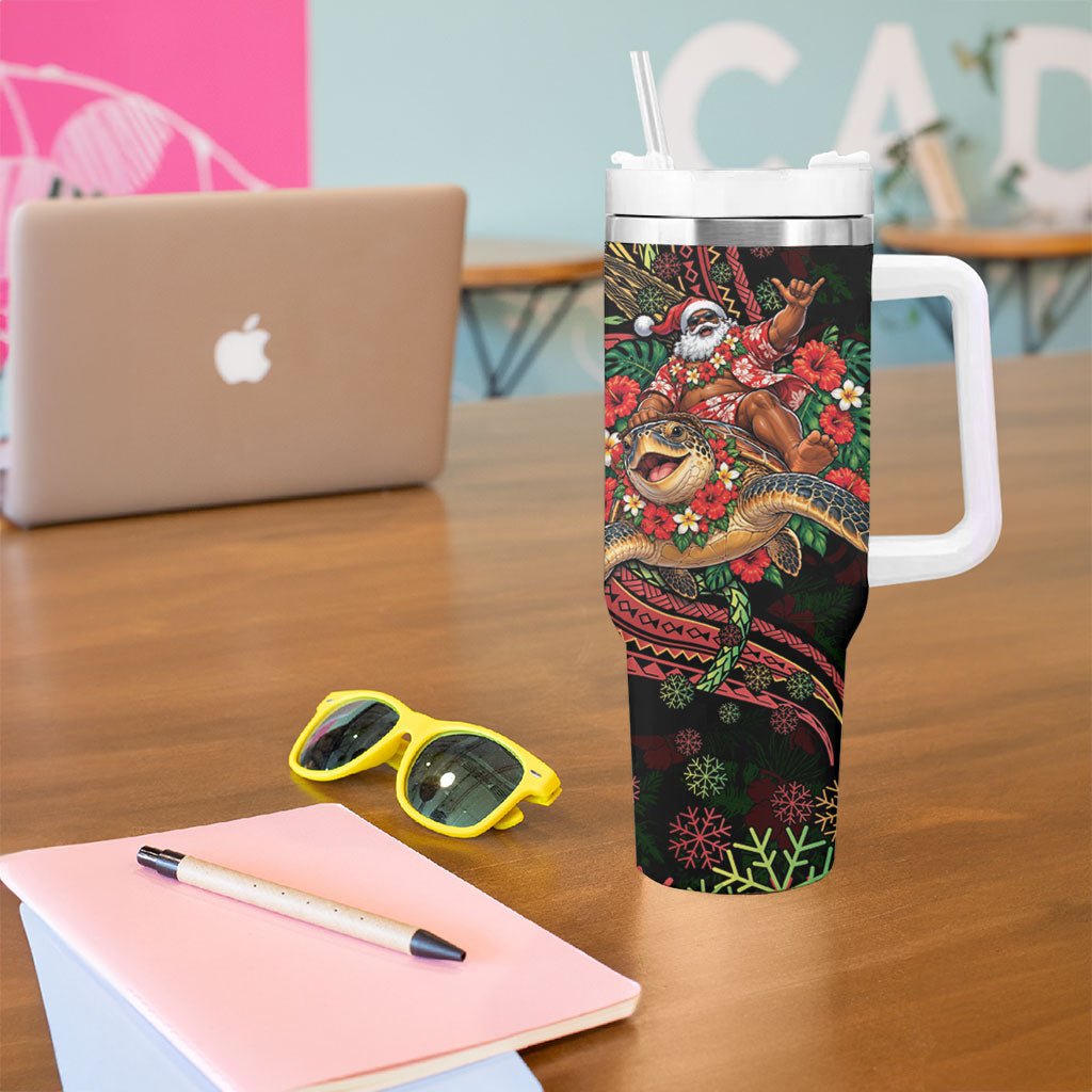 Hawaii Christmas Tumbler With Handle Aloha Santa Riding Honu DT05 - Polynesian Pride