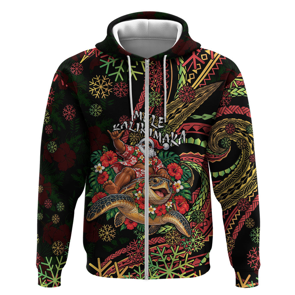 Hawaii Christmas Zip Hoodie Aloha Santa Riding Honu