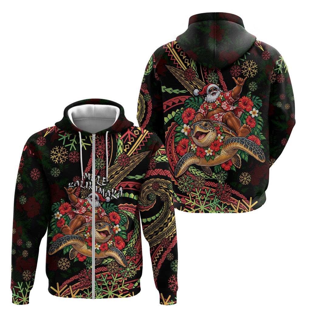 Hawaii Christmas Zip Hoodie Aloha Santa Riding Honu