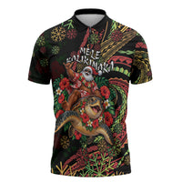 Hawaii Christmas Zipper Polo Shirt Aloha Santa Riding Honu DT05 Black - Polynesian Pride