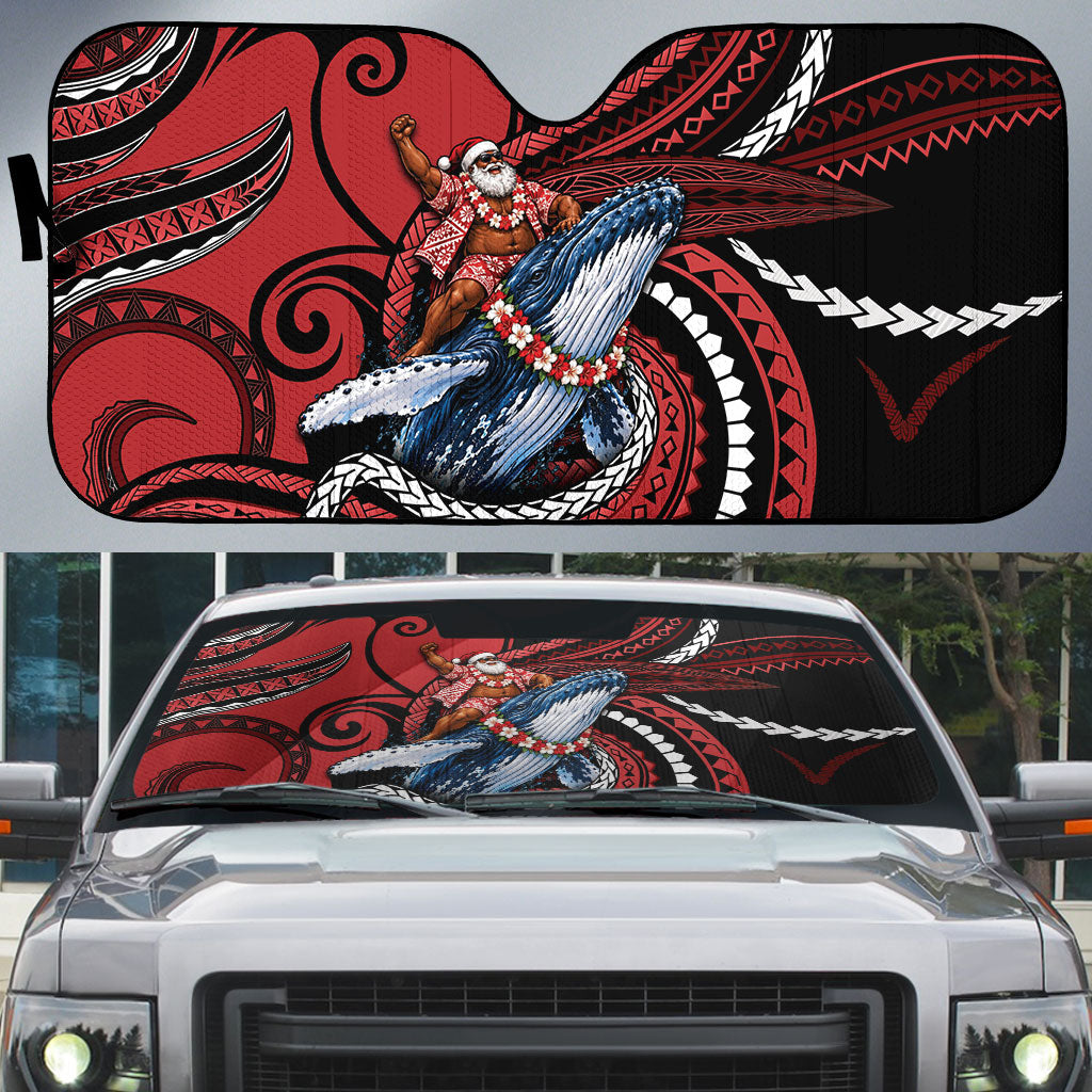 Tonga Christmas Auto Sun Shade Santa Riding Humpback Whale DT05 Red - Polynesian Pride