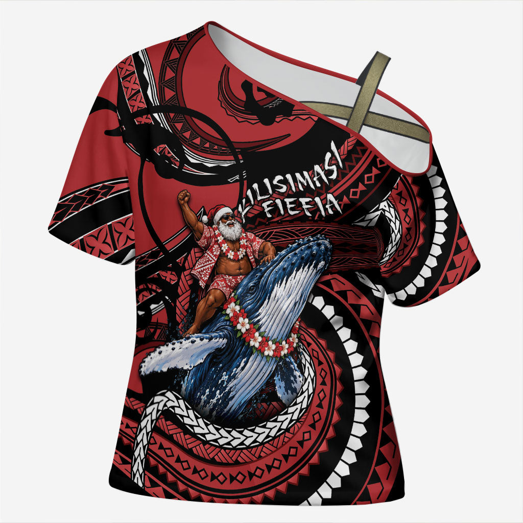 Tonga Christmas Cross Shoulder Shirt Santa Riding Humpback Whale DT05 Female Red - Polynesian Pride