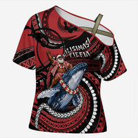 Tonga Christmas Cross Shoulder Shirt Santa Riding Humpback Whale DT05 Female Red - Polynesian Pride