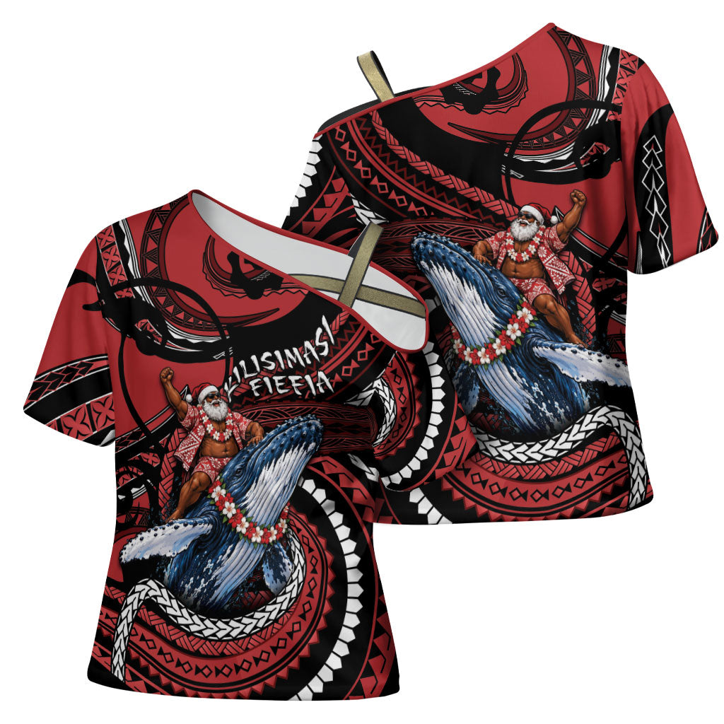 Tonga Christmas Cross Shoulder Shirt Santa Riding Humpback Whale DT05 - Polynesian Pride