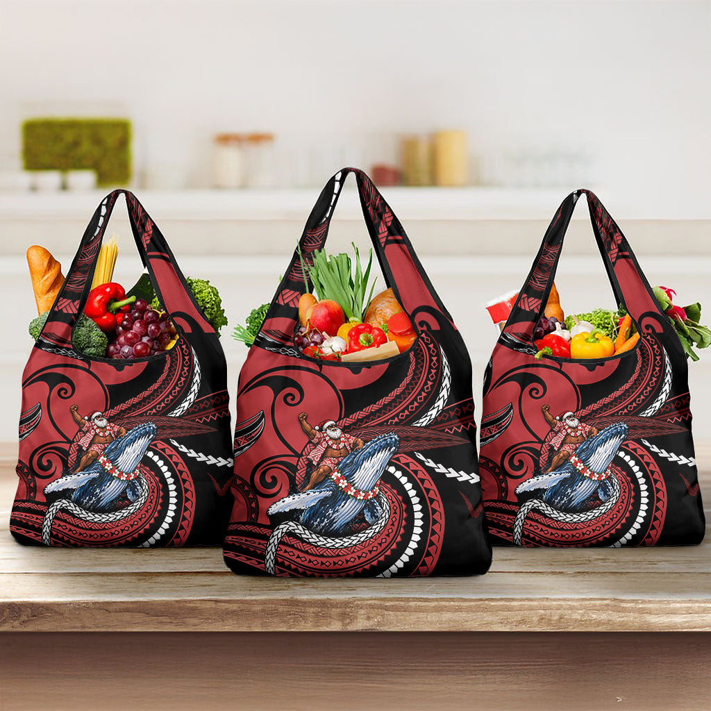 Tonga Christmas Grocery Bag Santa Riding Humpback Whale DT05 3-pack One Size Red - Polynesian Pride