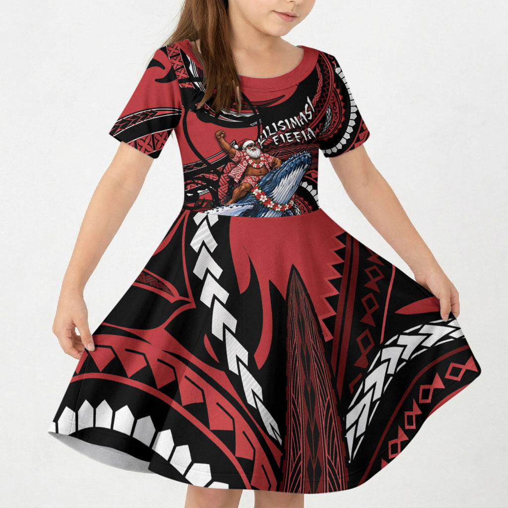 Tonga Christmas Kid Short Sleeve Dress Santa Riding Humpback Whale DT05 KID Red - Polynesian Pride
